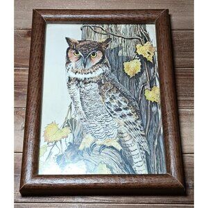 VTG Great Horned Owl by Leland Brewsaugh Print Framed Wall Hanging 7.5" x 5.5"